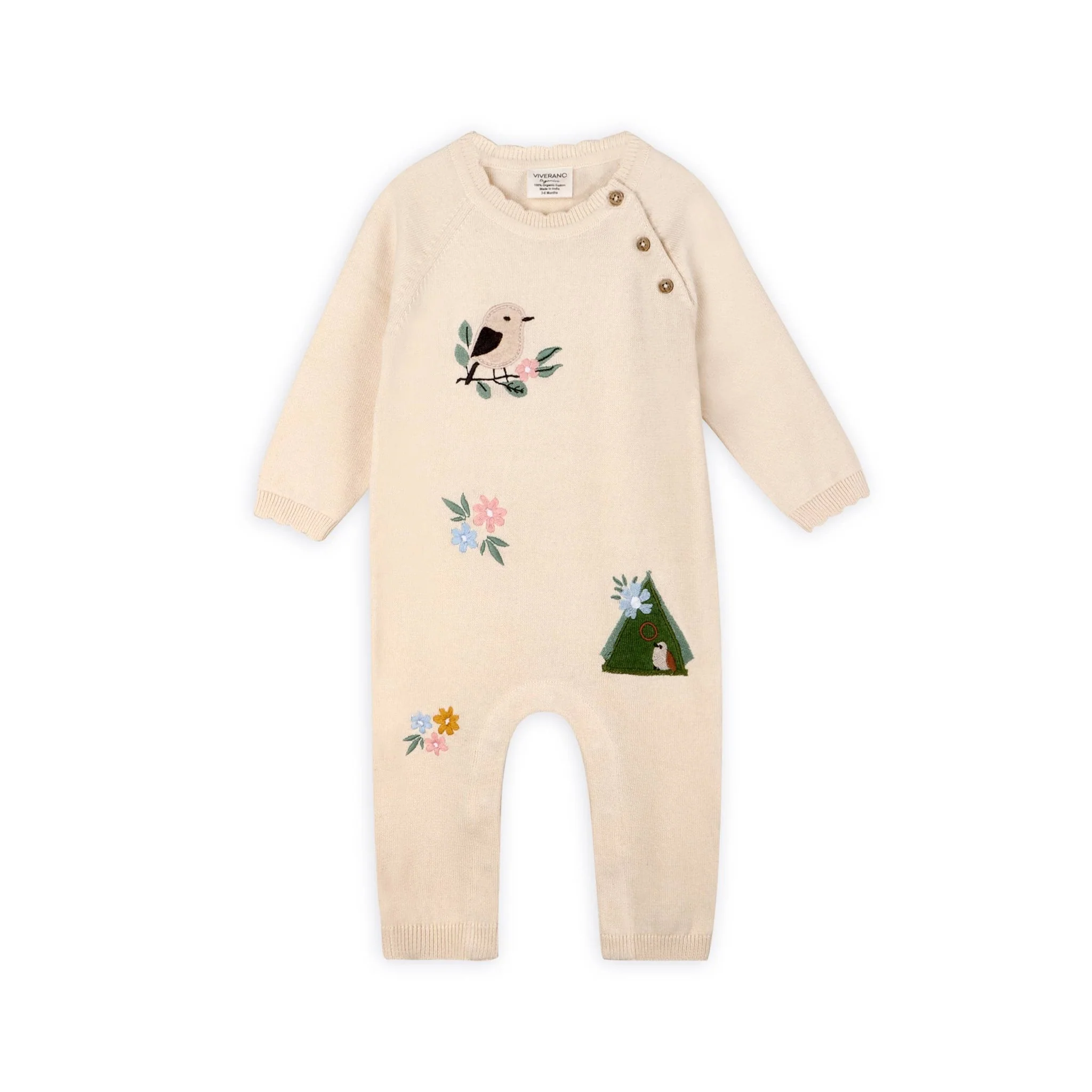 Organic Bird & Floral Embroidered Baby Knit Jumpsuit | Natural