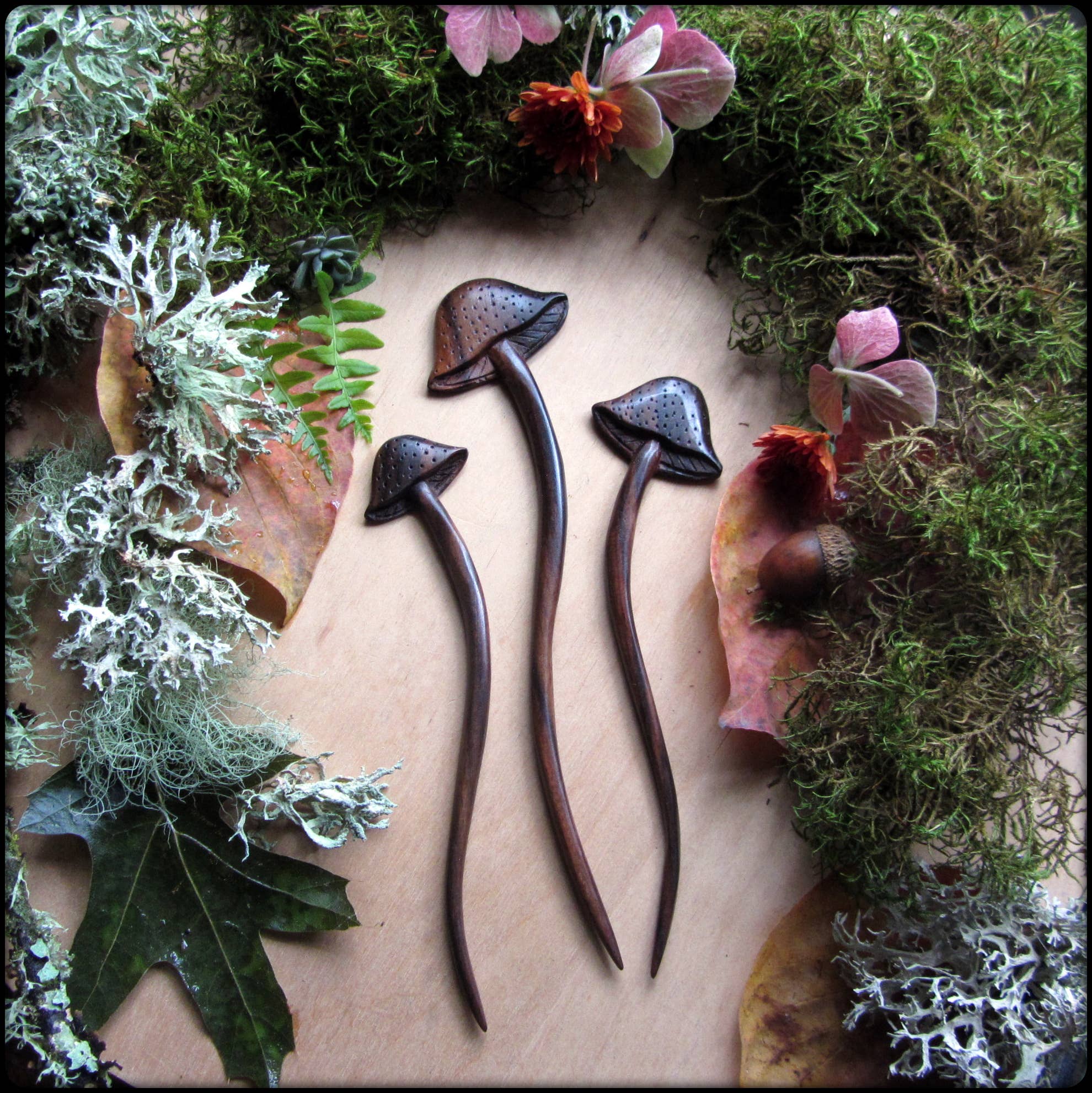 Hand carved wooden mushroom hair stick, the flat version | Medium
