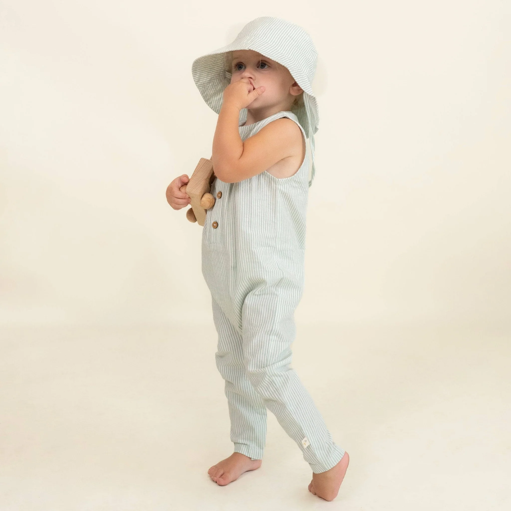 Organic Sleeveless Full Romper | Green Stripes