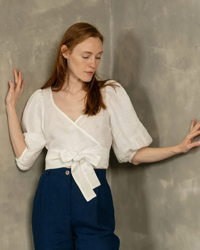 Linen Puff Sleeve Wrap Crop Top Jenny | Pure White